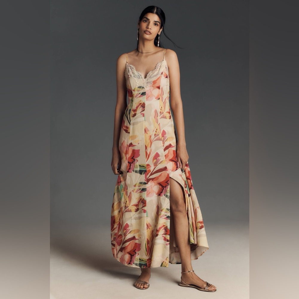 Hutch Baldwin Sleeveless Lace-Trim V-Neck Slip Maxi Dress NWT $319